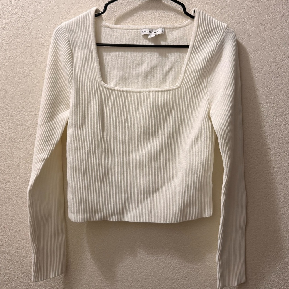 And Now This, White Ribbed Square Neck Long Sleeve Top, Size Large NWOT